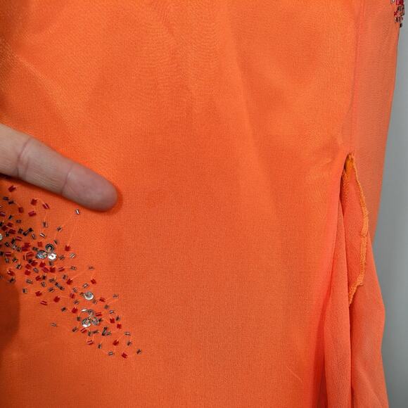 Vintage Silk Prom Dress Maxi Gown 4 Orange Y2K Ruffle Fairy Bead Slip Glam Guest - Picture 11 of 16